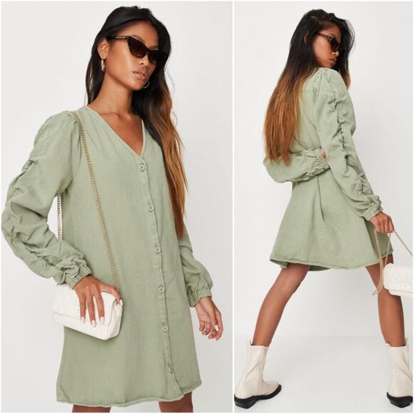 NWT Missguided Plus Size Green V Neck Button Front Denim Dress - Picture 4 of 9